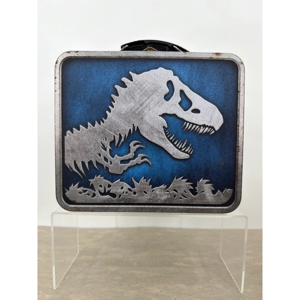 Jurassic World Metal Lunch Box‎ 2015 Universal Studios T-Rex Raptor Blue Tin